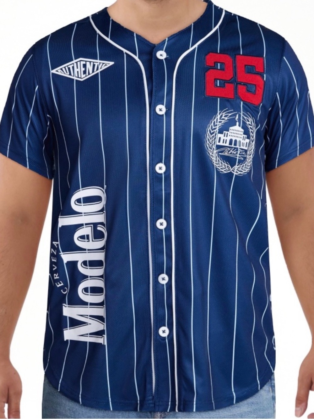 BRAND NEW Modelo Baseball Jersey XS Blue Pinstripe Fighting Spirit Button Down